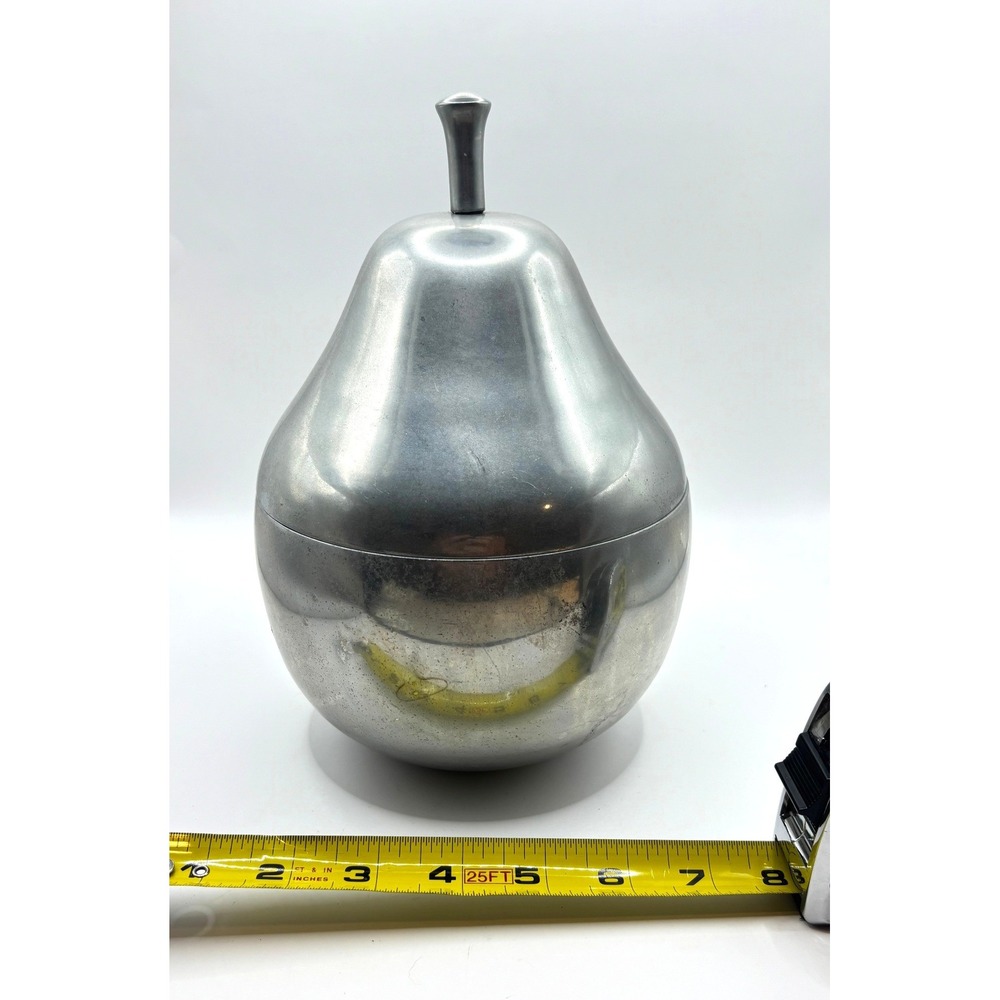 Pear Ice Bucket Silver Aluminum Vintage Decorative Lidded Vessel
